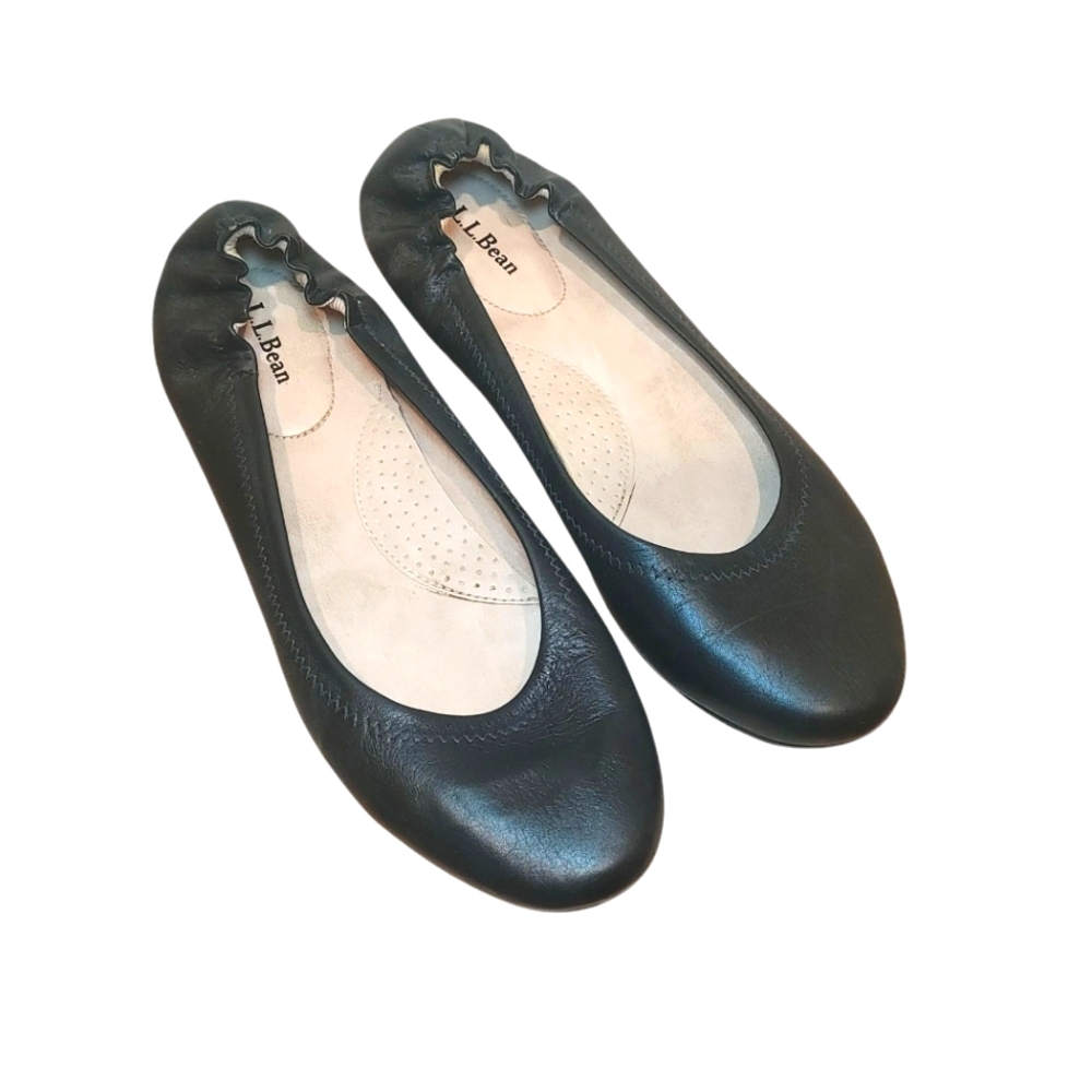LL Bean Shoes Size 10 Black Leather Scrunch Ballet Flats Preppy Minimalist Work